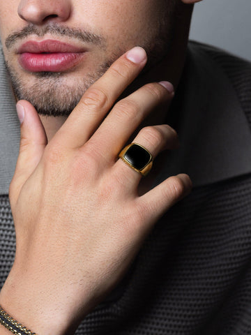 Nialaya Men's Ring Men's Gold Signet Ring with Black Onyx